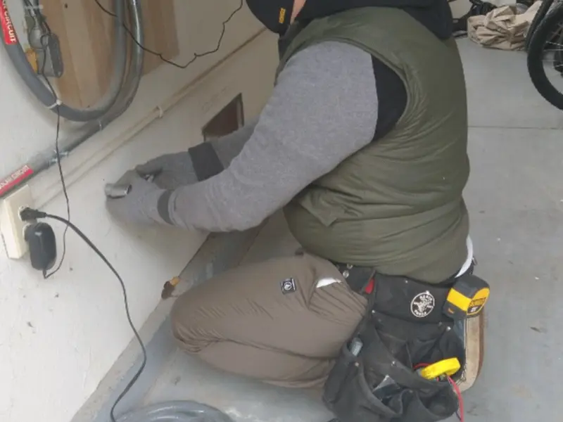 Electrician performing outlet wiring in a Slippery Rock garage